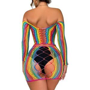🌈 Rainbow Fishnet Stockings Mesh Lingerie Bodysuit Party Rave Boho Cosplay NWT